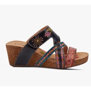 L Artiste by Spring Step Swan Navy Multi Floral Leather Wedge Sandals EU 39 8.5